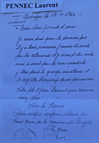 PENNEC Laurent - sa dernière lettre